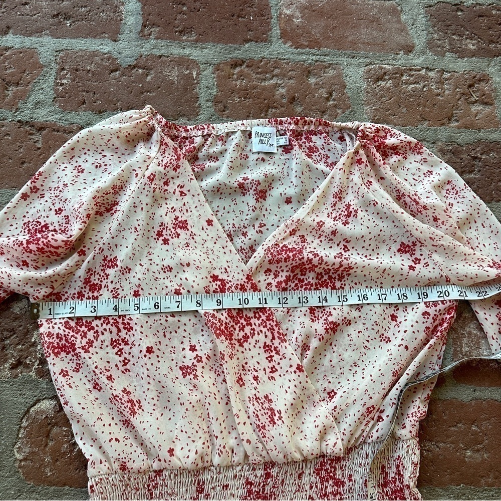 Princess Polly Cream & Red Floral Sheer V-Neck Wide Smocked Waist Mini Dress 8 - Picture 7 of 16